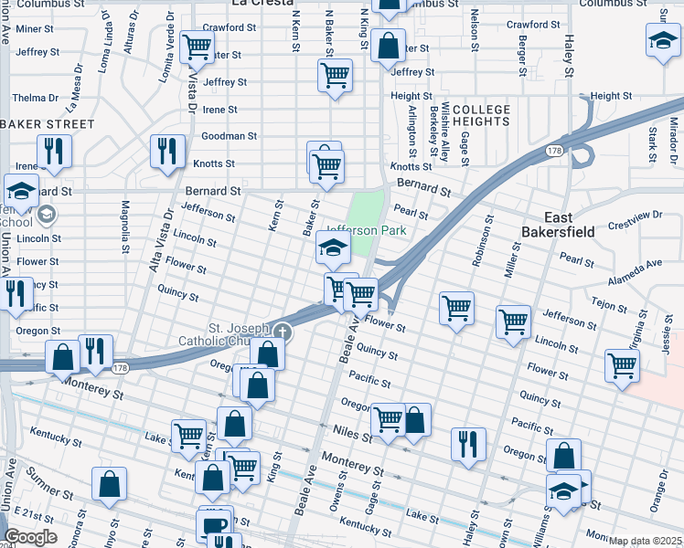 map of restaurants, bars, coffee shops, grocery stores, and more near 816 Lincoln Street in Bakersfield