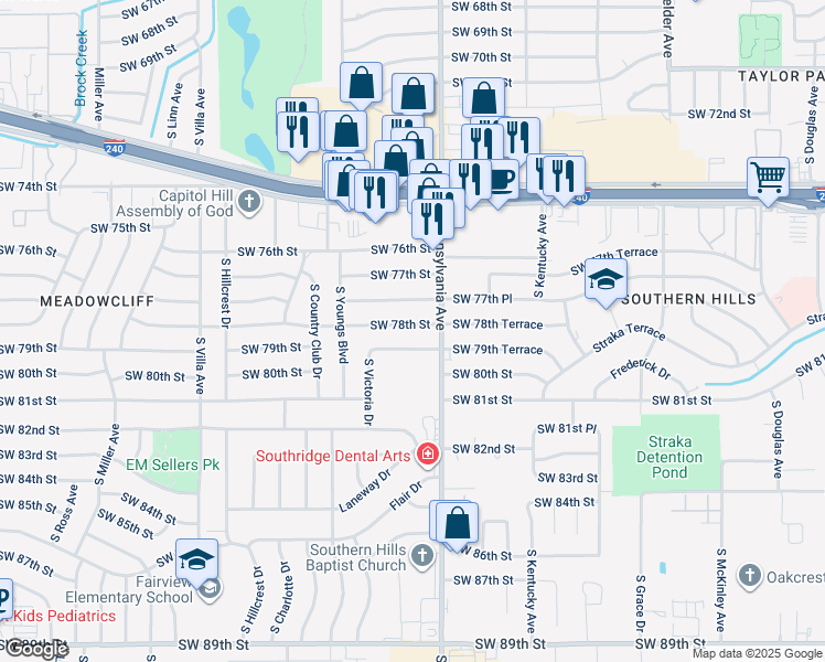 map of restaurants, bars, coffee shops, grocery stores, and more near 2116 Southwest 78th Street in Oklahoma City
