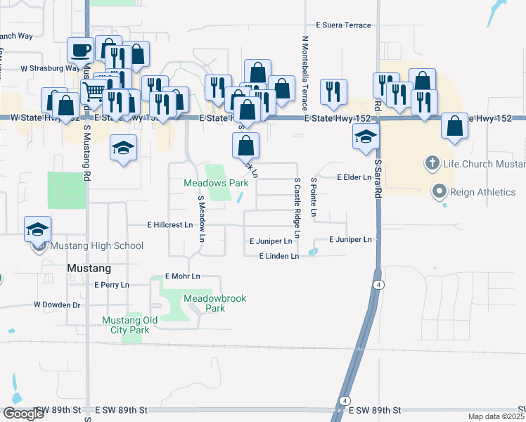 map of restaurants, bars, coffee shops, grocery stores, and more near 544 East Greenwood Lane in Mustang