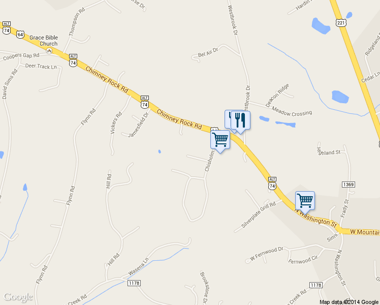 map of restaurants, bars, coffee shops, grocery stores, and more near 140 Palomino Trail in Rutherfordton