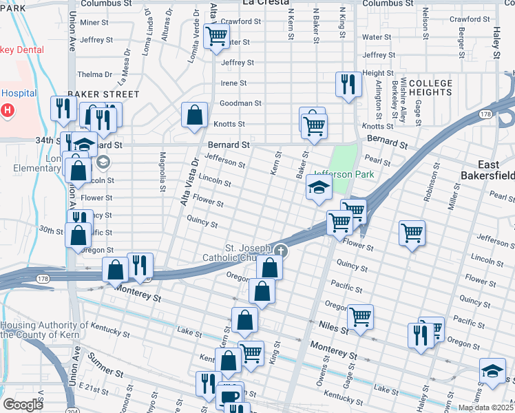 map of restaurants, bars, coffee shops, grocery stores, and more near 519 Flower Street in Bakersfield