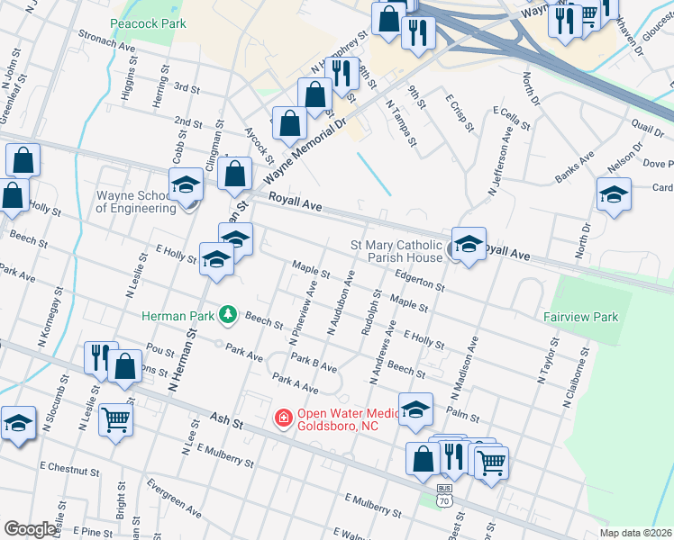 map of restaurants, bars, coffee shops, grocery stores, and more near 713 North Audubon Avenue in Goldsboro