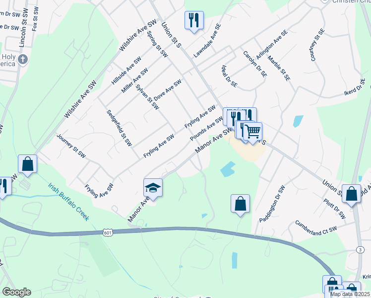 map of restaurants, bars, coffee shops, grocery stores, and more near 136 Manor Avenue Southwest in Concord