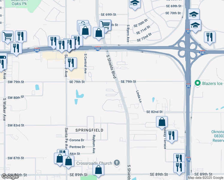 map of restaurants, bars, coffee shops, grocery stores, and more near 200-398 SE Kuhl Terrace in Oklahoma City