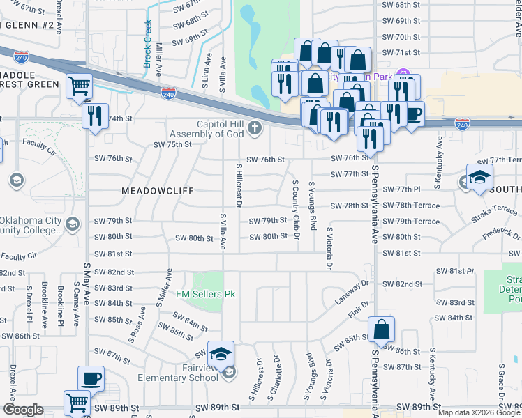 map of restaurants, bars, coffee shops, grocery stores, and more near 2441 Southwest 79th Street in Oklahoma City