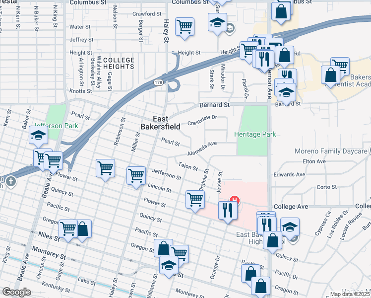 map of restaurants, bars, coffee shops, grocery stores, and more near 1525 Pearl Street in Bakersfield