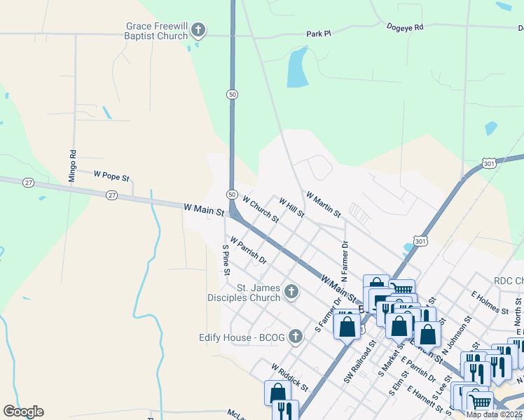 map of restaurants, bars, coffee shops, grocery stores, and more near 700 West Church Street in Benson
