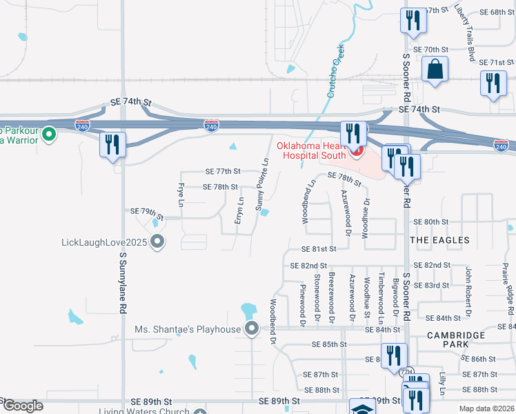 map of restaurants, bars, coffee shops, grocery stores, and more near 8005 Sunny Pointe Lane in Oklahoma City