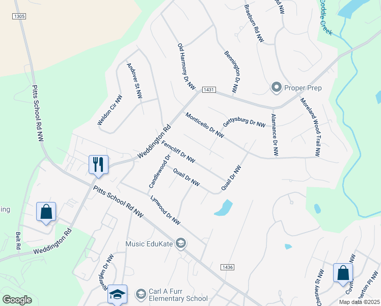 map of restaurants, bars, coffee shops, grocery stores, and more near 6215 Ferncliff Drive Northwest in Concord