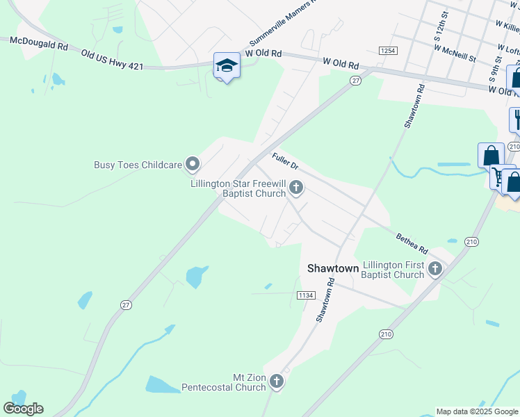 map of restaurants, bars, coffee shops, grocery stores, and more near Holy Mission Lane in Lillington