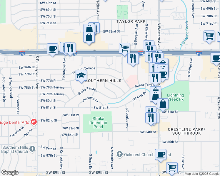 map of restaurants, bars, coffee shops, grocery stores, and more near 1209 Straka Terrace in Oklahoma City