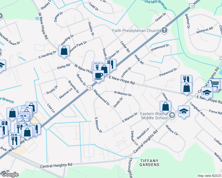 map of restaurants, bars, coffee shops, grocery stores, and more near 110 North Marion Drive in Goldsboro