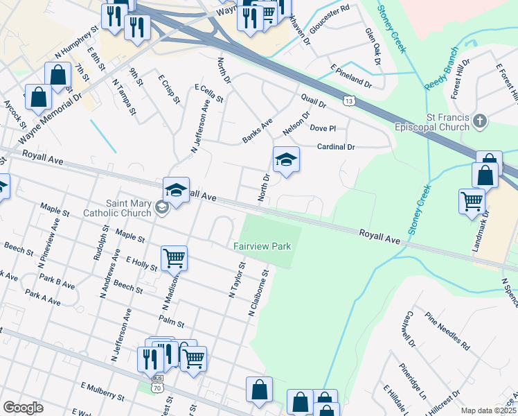 map of restaurants, bars, coffee shops, grocery stores, and more near 2001 Royall Avenue in Goldsboro