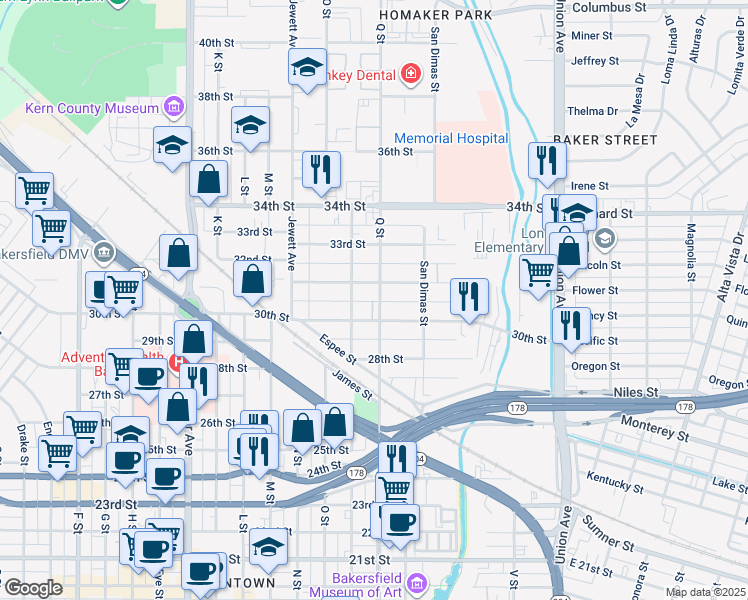map of restaurants, bars, coffee shops, grocery stores, and more near 826 30th Street in Bakersfield