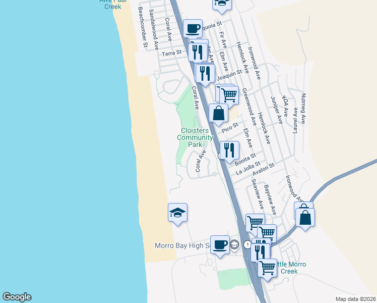 map of restaurants, bars, coffee shops, grocery stores, and more near 2279 Emerald Circle in Morro Bay
