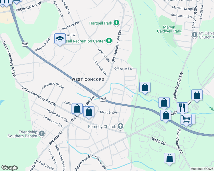 map of restaurants, bars, coffee shops, grocery stores, and more near 785 Old Charlotte Road Southwest in Kannapolis