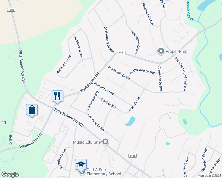 map of restaurants, bars, coffee shops, grocery stores, and more near 6215 Ferncliff Drive Northwest in Concord