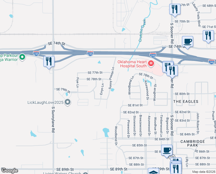map of restaurants, bars, coffee shops, grocery stores, and more near 8020 Sunny Pointe Lane in Oklahoma City