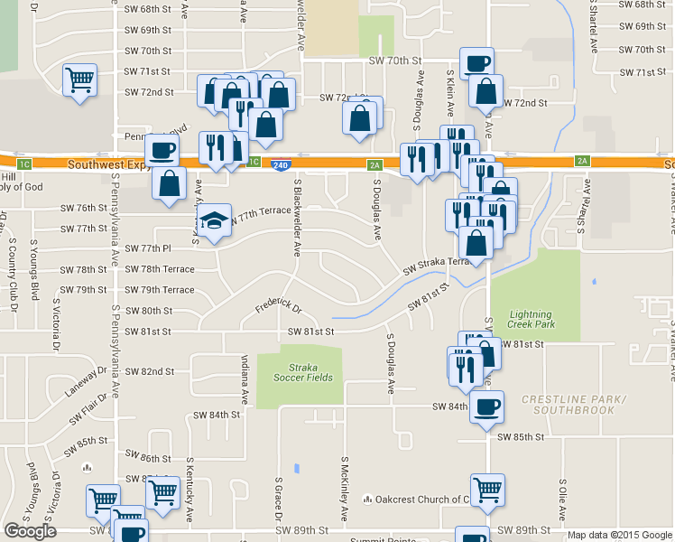 map of restaurants, bars, coffee shops, grocery stores, and more near 1209 Straka Terrace in Oklahoma City
