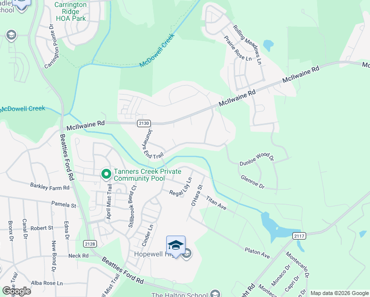 map of restaurants, bars, coffee shops, grocery stores, and more near 12140 Palomar Drive in Huntersville