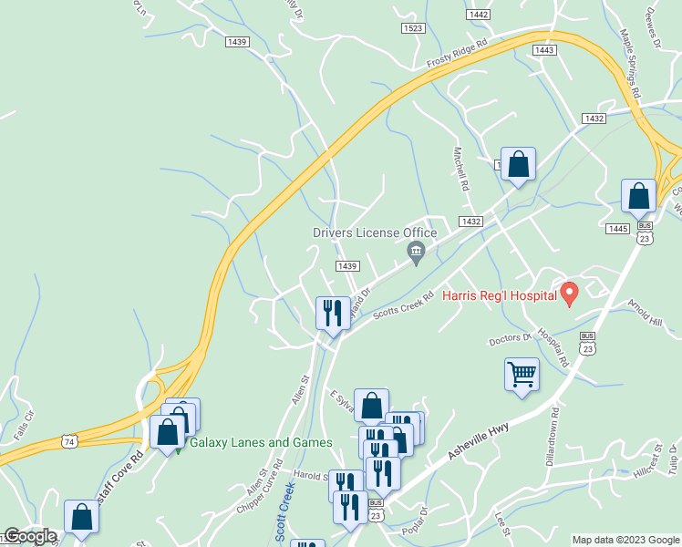 map of restaurants, bars, coffee shops, grocery stores, and more near 69 Magnolia Street in Sylva