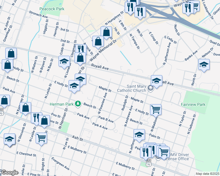 map of restaurants, bars, coffee shops, grocery stores, and more near 802 North Pineview Avenue in Goldsboro
