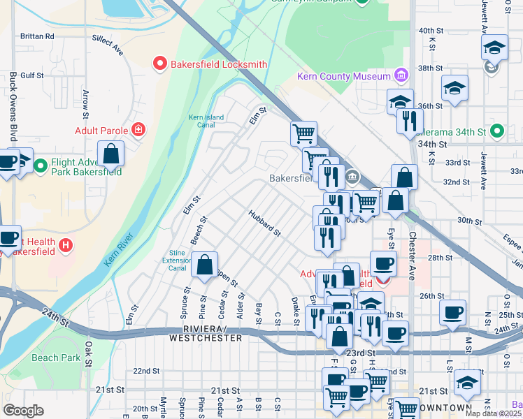 map of restaurants, bars, coffee shops, grocery stores, and more near 2731 Pine Street in Bakersfield