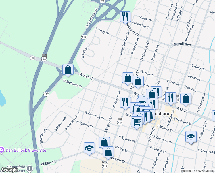 map of restaurants, bars, coffee shops, grocery stores, and more near 503 West Mulberry Street in Goldsboro