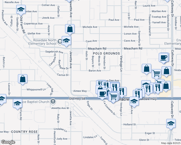 map of restaurants, bars, coffee shops, grocery stores, and more near 10917 Baron Avenue in Bakersfield