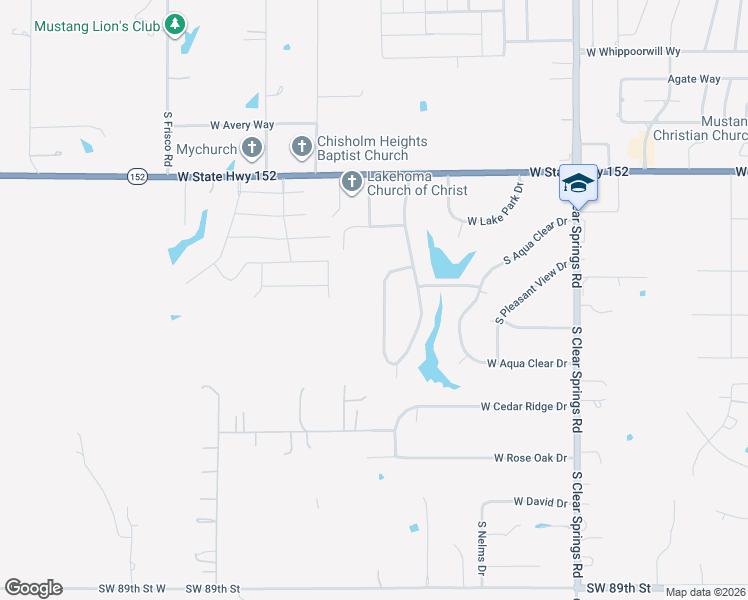 map of restaurants, bars, coffee shops, grocery stores, and more near 629 South Lakehoma Place Drive in Mustang
