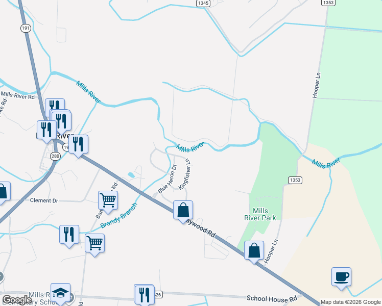 map of restaurants, bars, coffee shops, grocery stores, and more near 214 Kingfisher Lane in Mills River