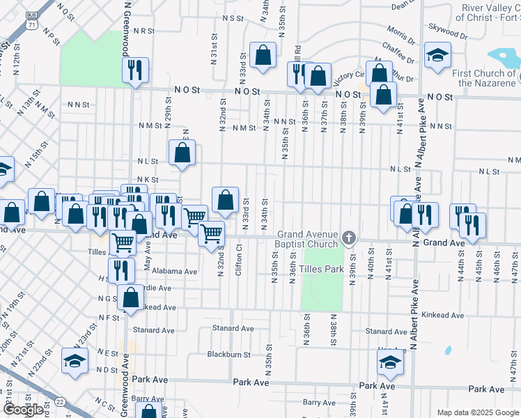 map of restaurants, bars, coffee shops, grocery stores, and more near 1209 North 34th Street in Fort Smith