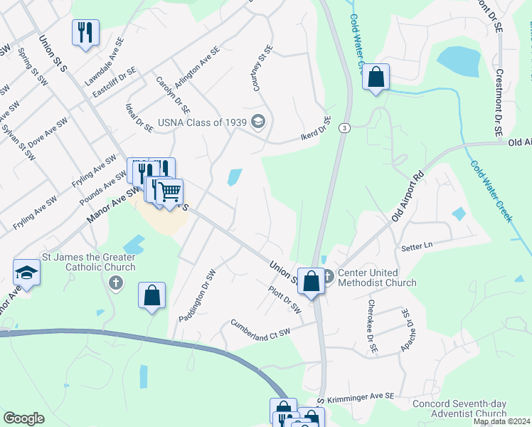 map of restaurants, bars, coffee shops, grocery stores, and more near 43 Ridge Court Southeast in Concord