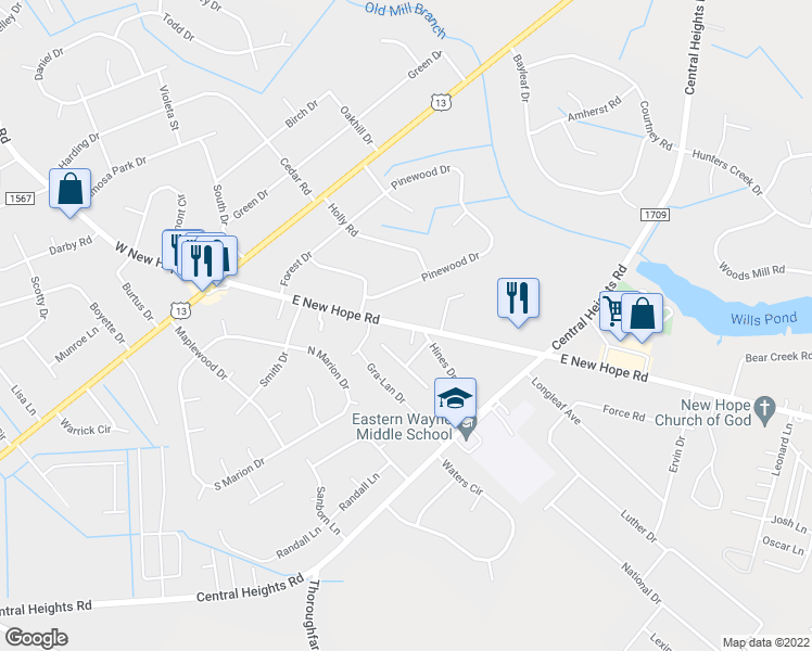 map of restaurants, bars, coffee shops, grocery stores, and more near 312 East New Hope Road in Goldsboro