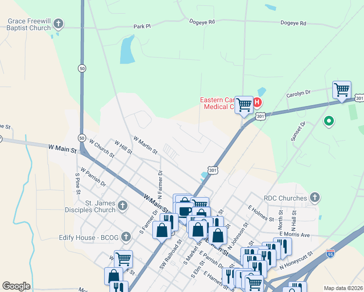 map of restaurants, bars, coffee shops, grocery stores, and more near 500 North Ryals Street in Benson