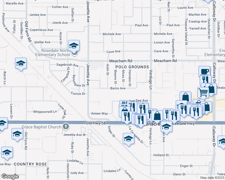 map of restaurants, bars, coffee shops, grocery stores, and more near 10917 Baron Avenue in Bakersfield