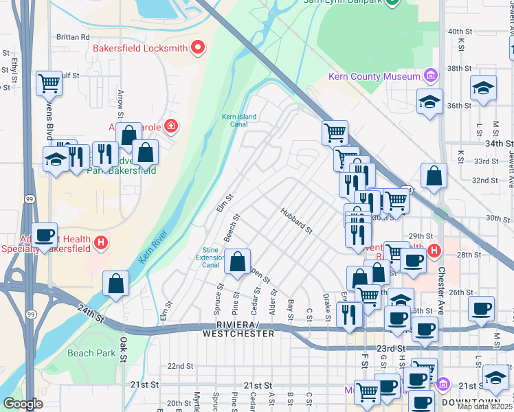 map of restaurants, bars, coffee shops, grocery stores, and more near 2624 Beech Street in Bakersfield