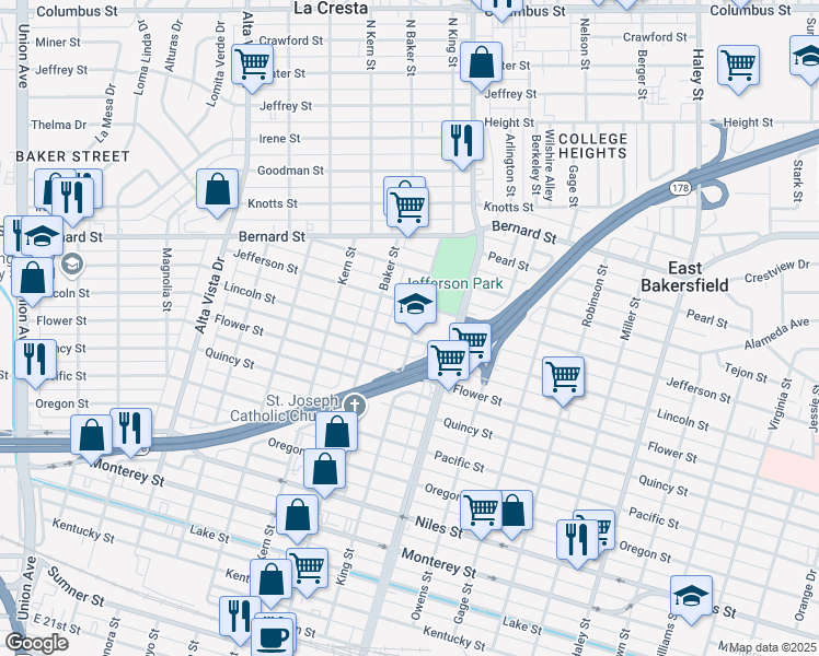 map of restaurants, bars, coffee shops, grocery stores, and more near 733 Jefferson Street in Bakersfield