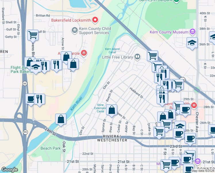 map of restaurants, bars, coffee shops, grocery stores, and more near 3201 Peach Tree Court in Bakersfield
