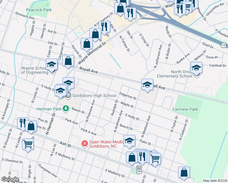 map of restaurants, bars, coffee shops, grocery stores, and more near 907 Rudolph Street in Goldsboro