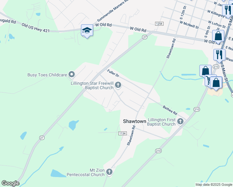 map of restaurants, bars, coffee shops, grocery stores, and more near 2-174 Bailey Way Road in Lillington