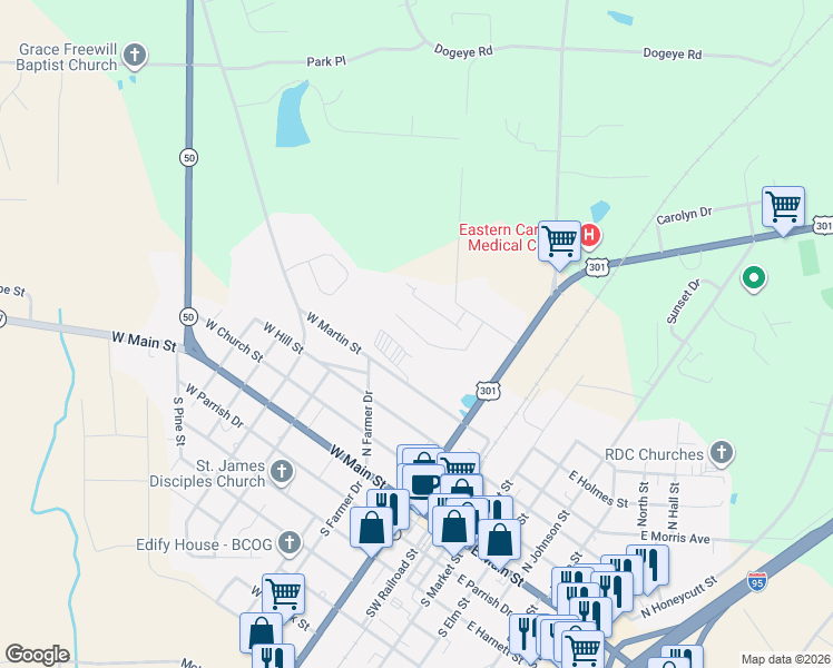 map of restaurants, bars, coffee shops, grocery stores, and more near 500 North Ryals Street in Benson