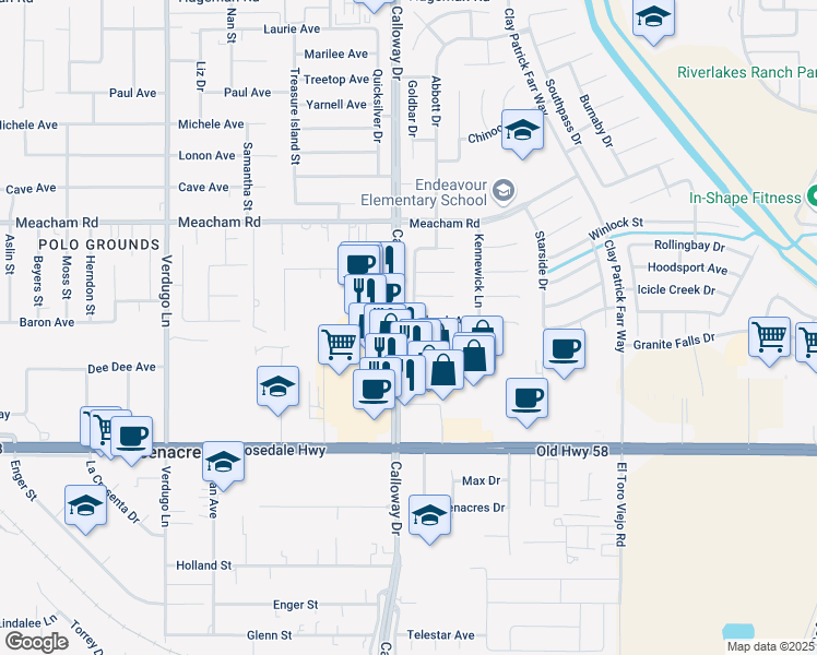 map of restaurants, bars, coffee shops, grocery stores, and more near 9601 Seabeck Avenue in Bakersfield