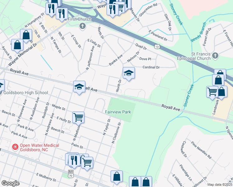 map of restaurants, bars, coffee shops, grocery stores, and more near 1108 Old Goldsboro Road in Smithfield