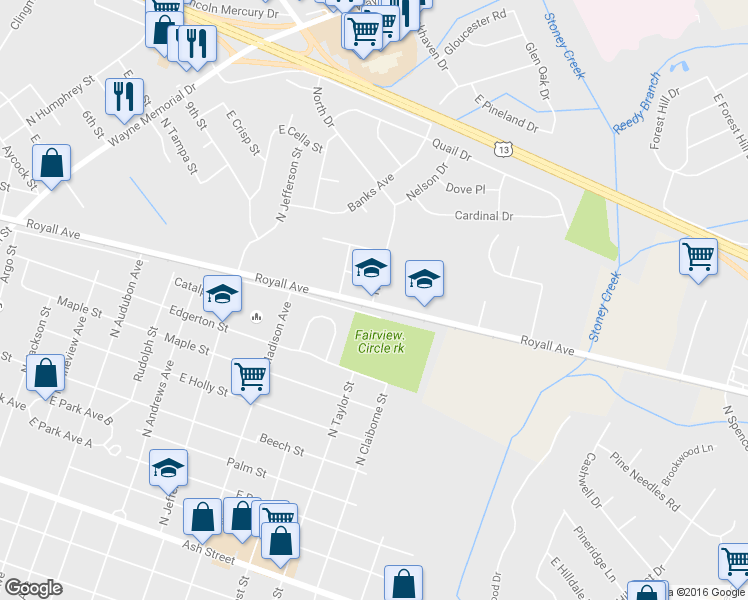 map of restaurants, bars, coffee shops, grocery stores, and more near 1804 Saxon Street in Goldsboro