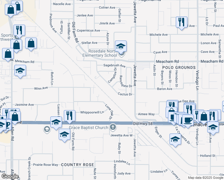 map of restaurants, bars, coffee shops, grocery stores, and more near 11617 Cactus Drive in Bakersfield