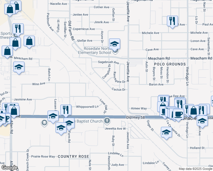 map of restaurants, bars, coffee shops, grocery stores, and more near 11617 Cactus Drive in Bakersfield