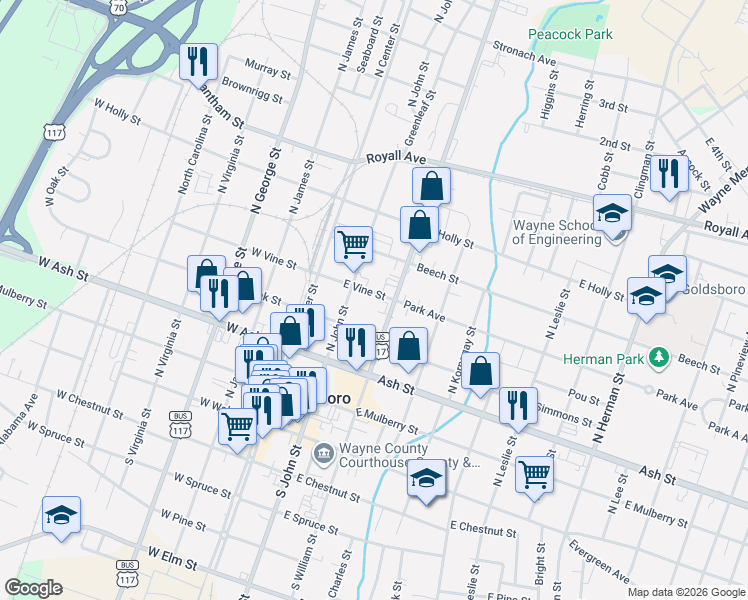 map of restaurants, bars, coffee shops, grocery stores, and more near 209 East Vine Street in Goldsboro