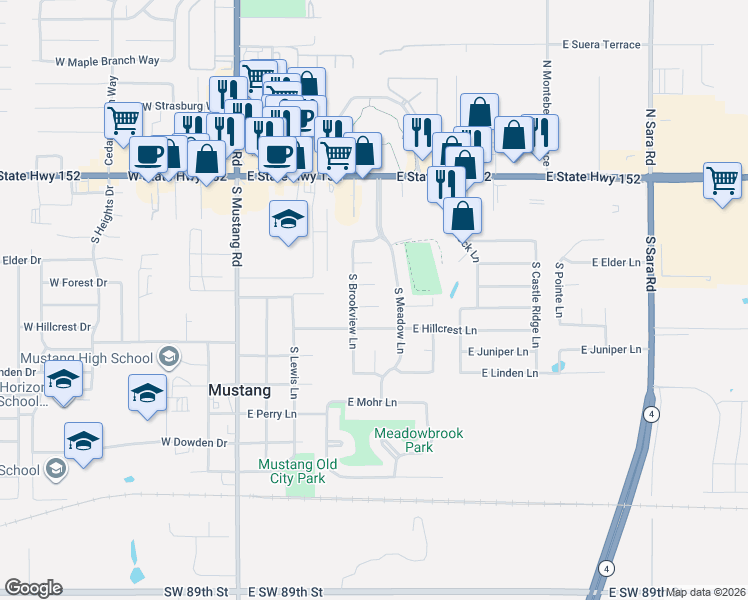 map of restaurants, bars, coffee shops, grocery stores, and more near 311 East Forest Lane in Mustang