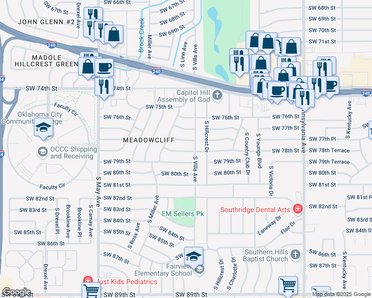 map of restaurants, bars, coffee shops, grocery stores, and more near 2509 Southwest 78th Street in Oklahoma City